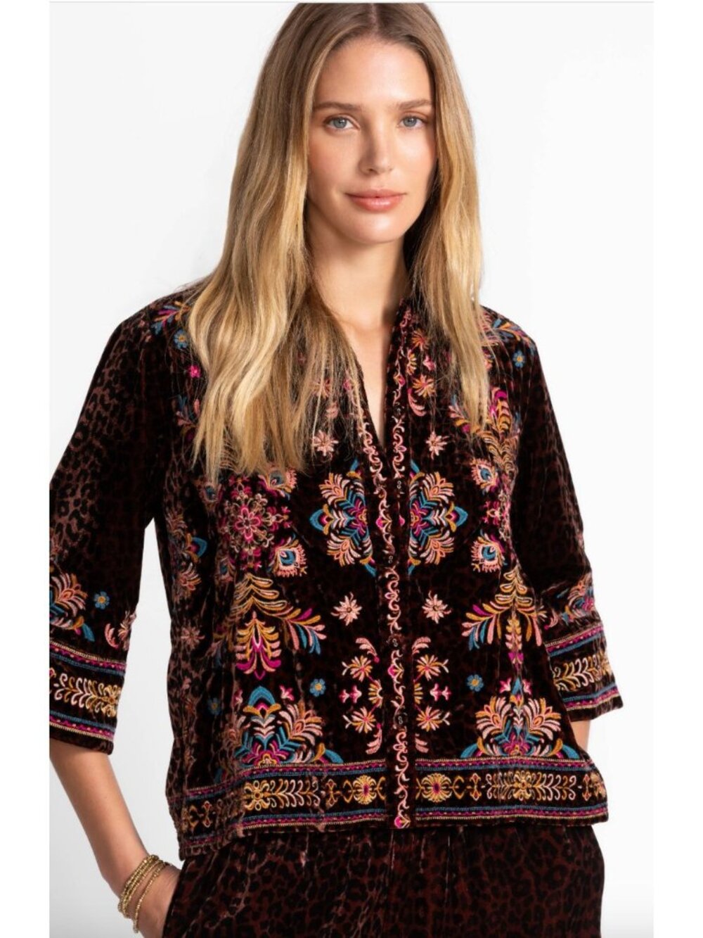 NWT Johnny Was $378 Kimono Sleeve Shirt Brandi Sz XS Leopard Print Embroidered